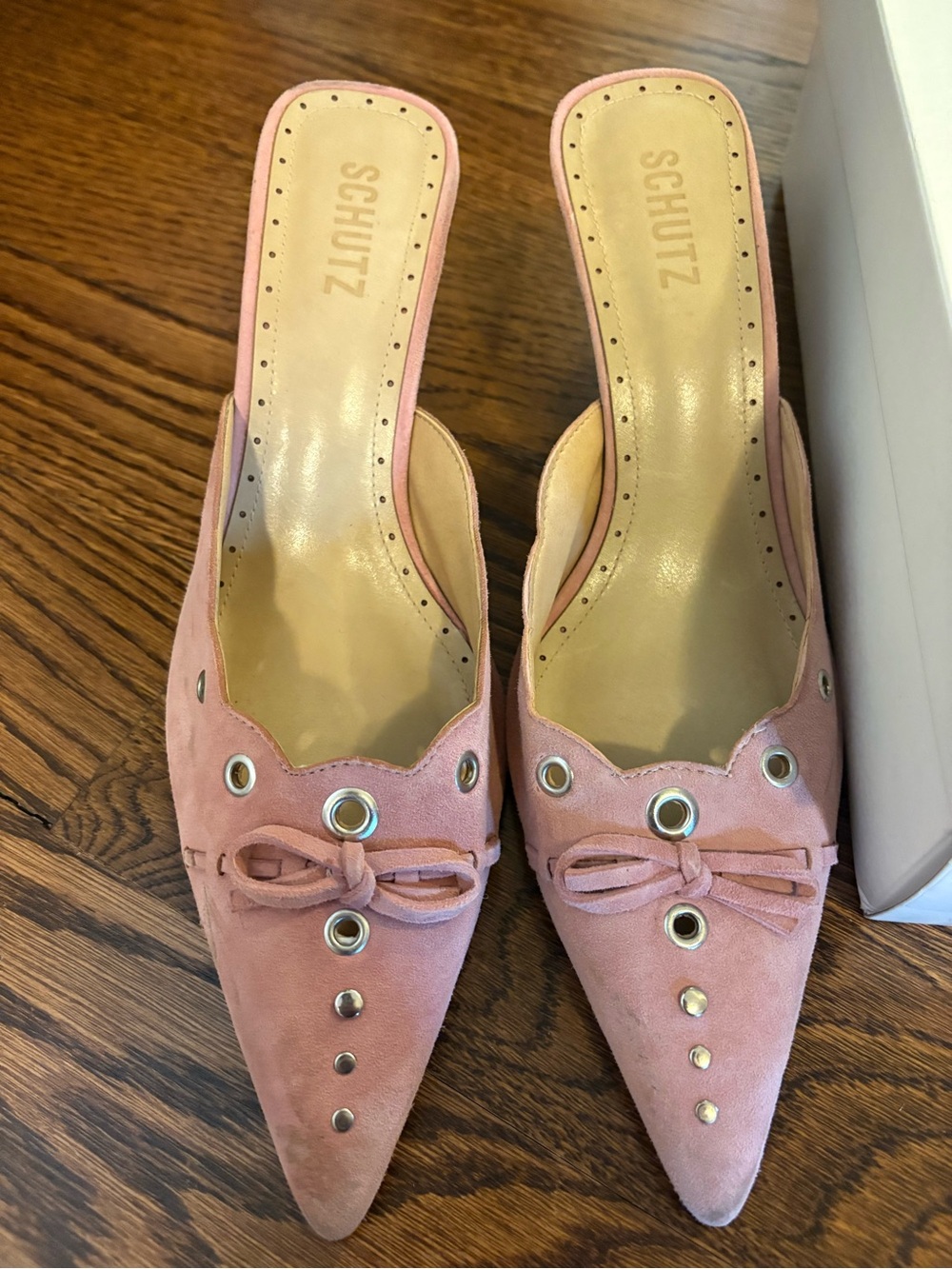 SCHUTZ Pink Suede Pointed Toe Slip-On Mules with Bow - Picture 3 of 6